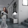 Gray sequence Mermaid dress with matching hand gloves and black ruffles on  shoulder.